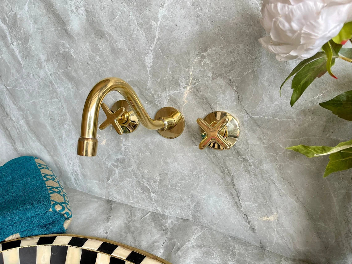 Handcrafted Unlacquered Brass Wall Mounted Bathroom Faucet | Elegant Vanity Fixture | Moroccan Artisan-Made