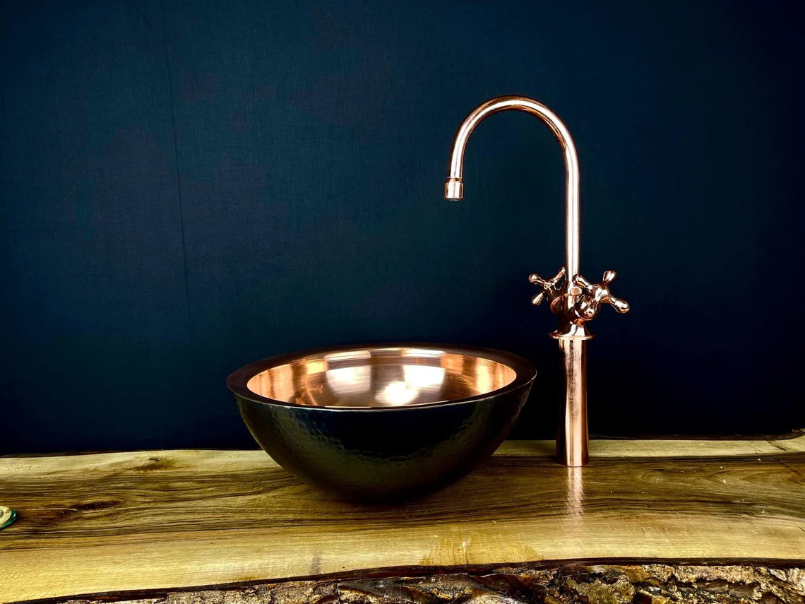 Black hammered copper vessel sink with copper faucet set - handmade black copper basin with matching copper two-handle faucet