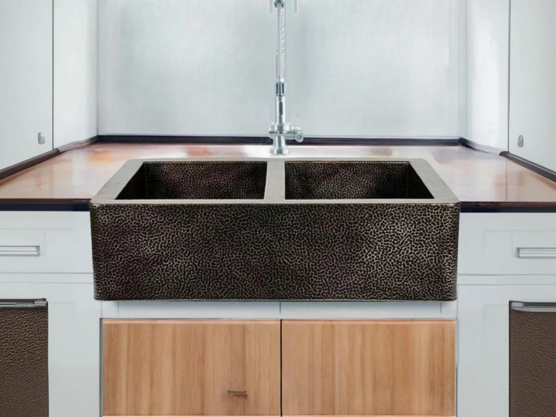 Farmhouse copper kitchen sink - antique hammered apron kitchen sink with dark finish - double sink copper farmhouse decor
