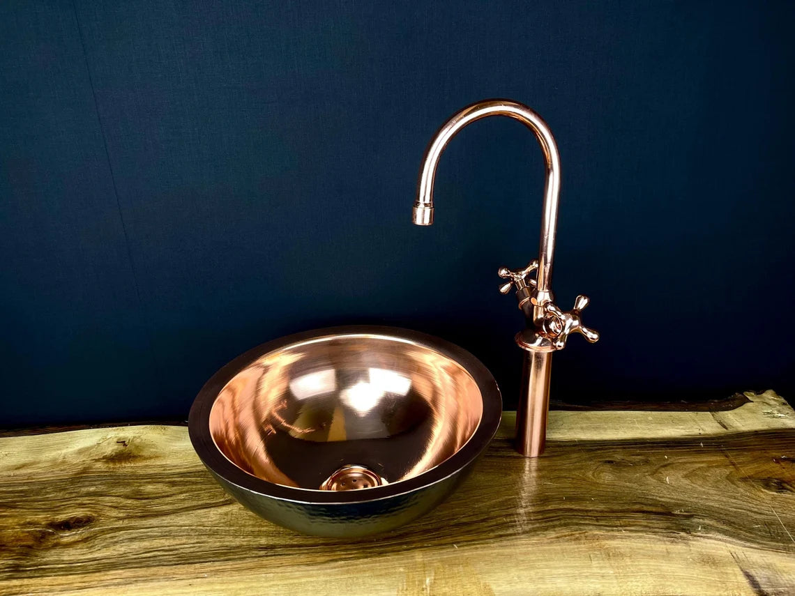 Black hammered copper vessel sink with copper faucet set - handmade black copper basin with matching copper two-handle faucet