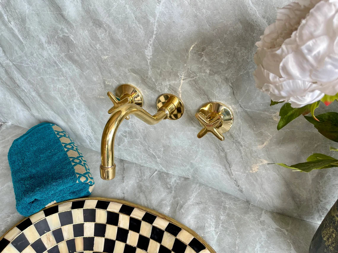 Handcrafted Unlacquered Brass Wall Mounted Bathroom Faucet | Elegant Vanity Fixture | Moroccan Artisan-Made