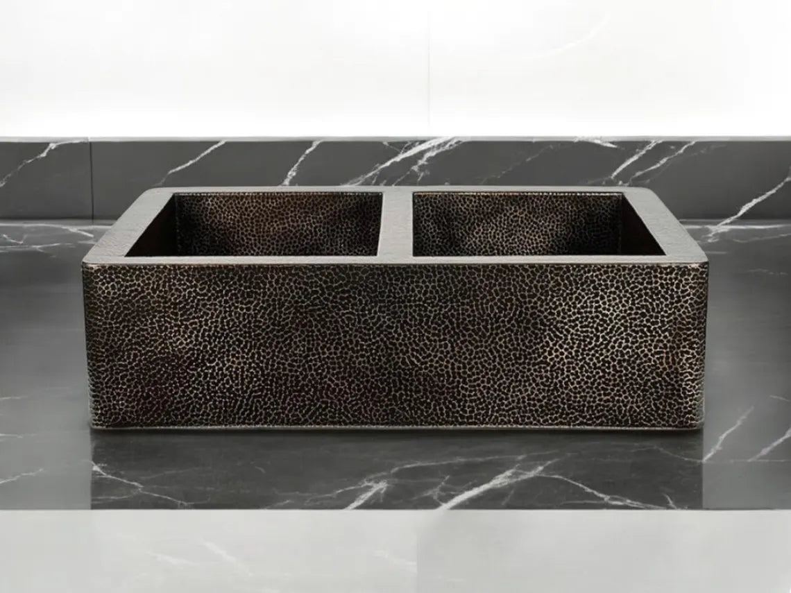 Farmhouse copper kitchen sink - antique hammered apron kitchen sink with dark finish - double sink copper farmhouse decor