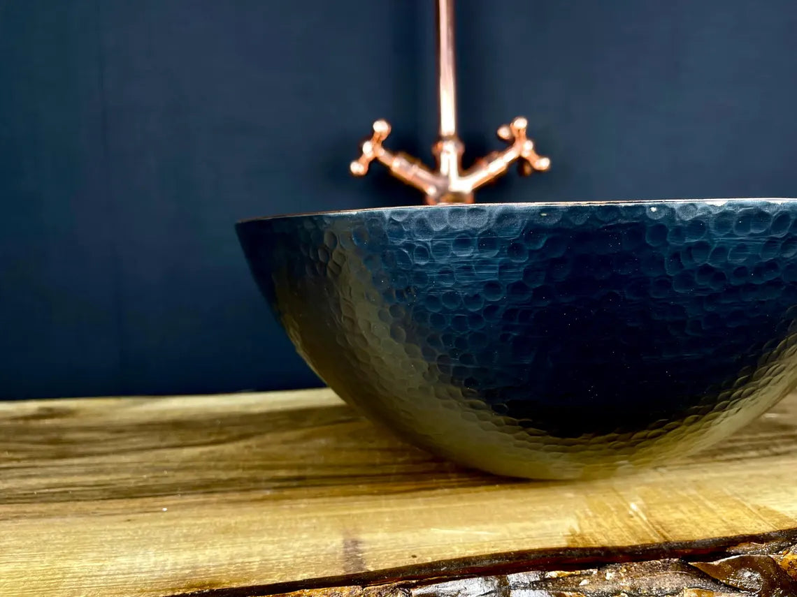 Black hammered copper vessel sink with copper faucet set - handmade black copper basin with matching copper two-handle faucet