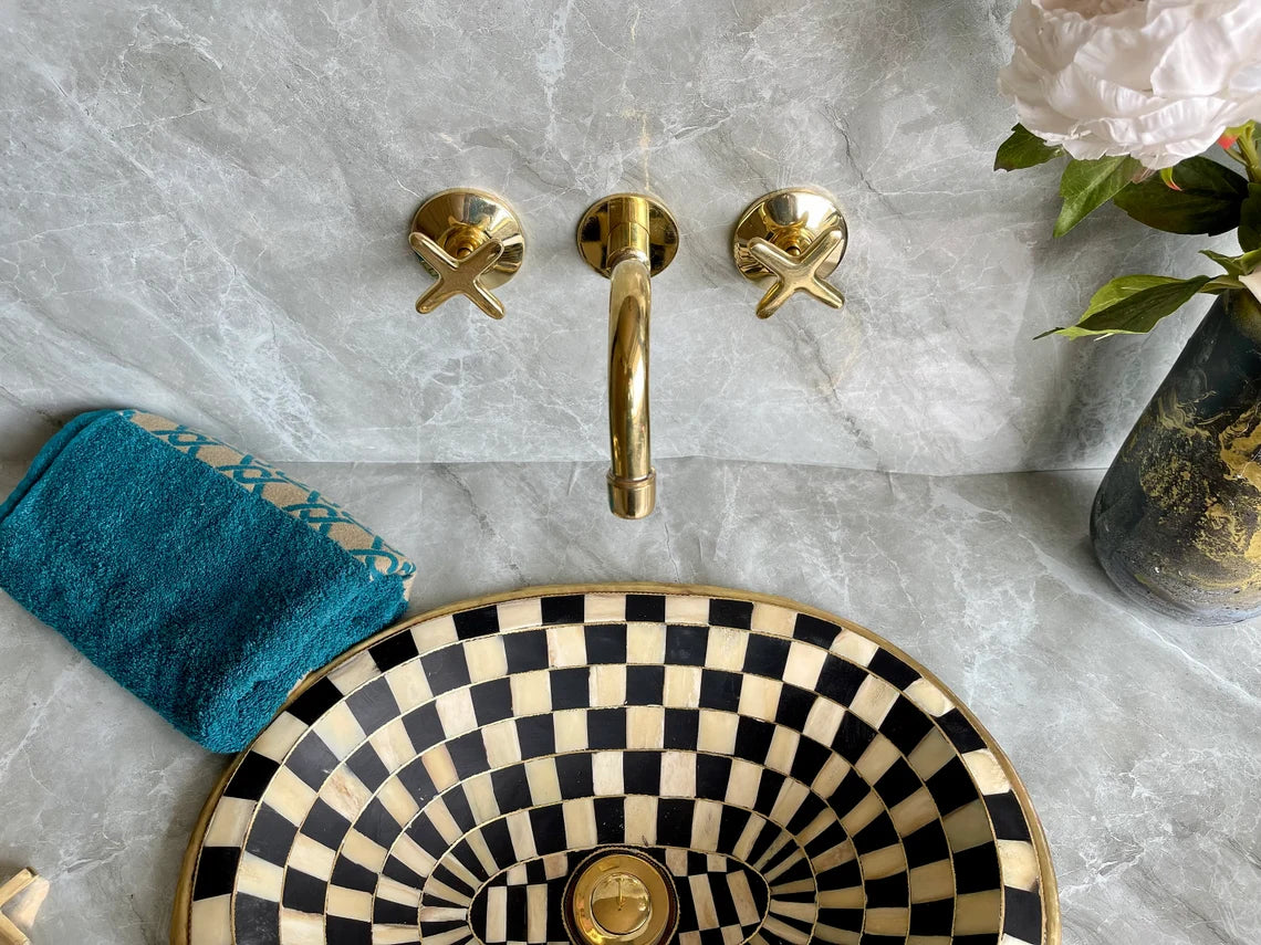 Handcrafted Unlacquered Brass Wall Mounted Bathroom Faucet | Elegant Vanity Fixture | Moroccan Artisan-Made