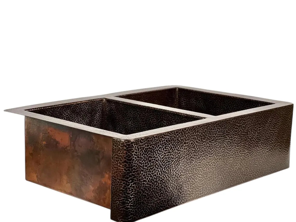 Farmhouse copper kitchen sink - antique hammered apron kitchen sink with dark finish - double sink copper farmhouse decor