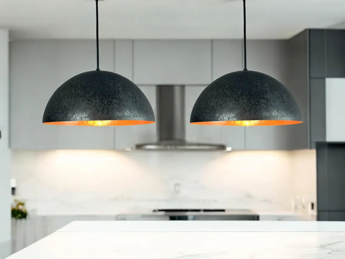 Handmade black patina dome pendant light - pure copper hanging lamp for modern and vintage interiors - custom dome lighting fixture