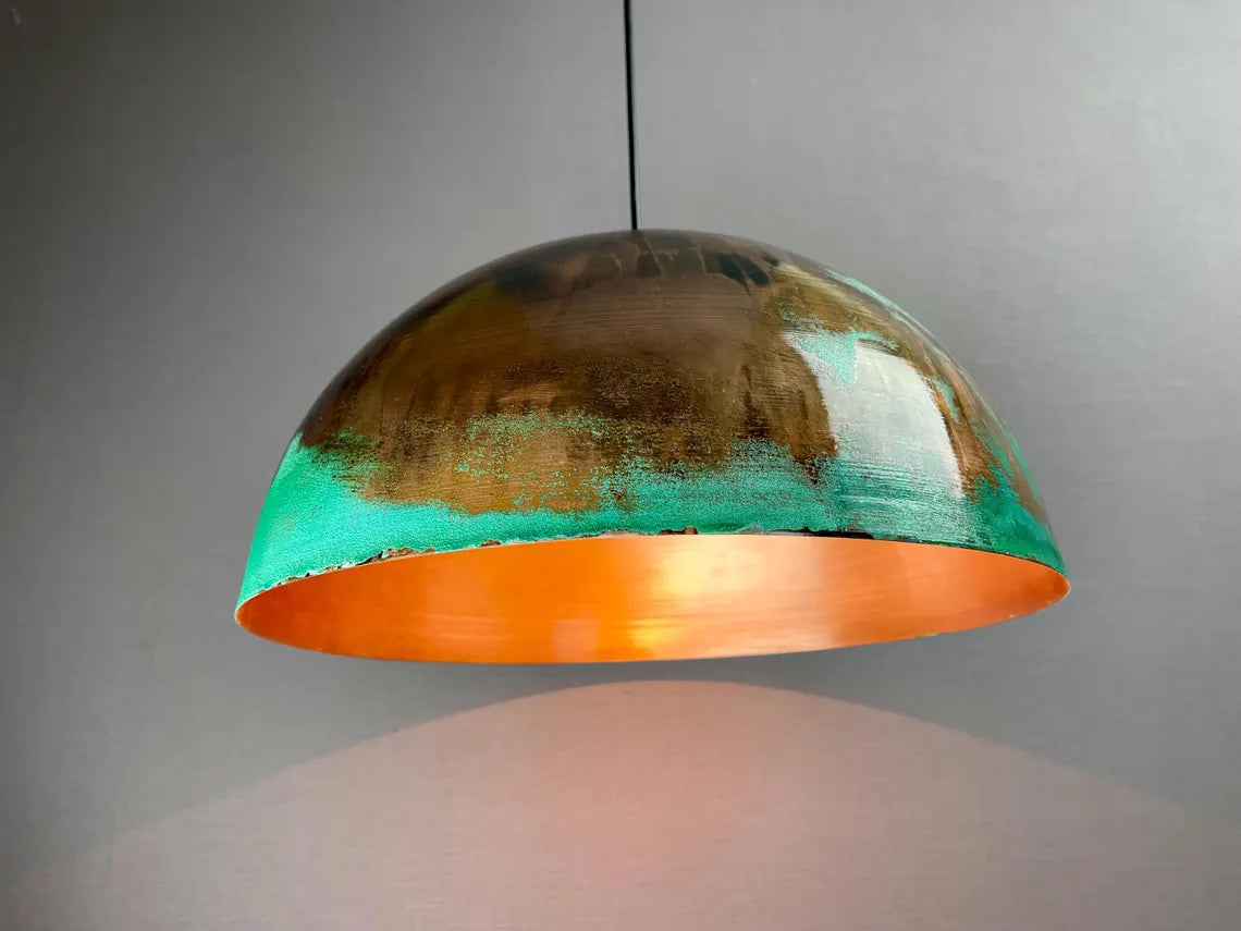 Green patina copper dome pendant light - oxidized turquoise patina with copper interior - modern kitchen island light - vintage hanging lamp