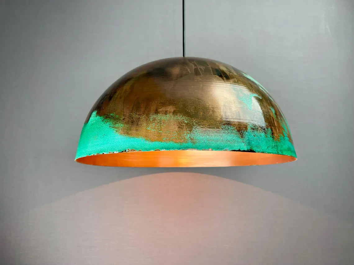 Green patina copper dome pendant light - oxidized turquoise patina with copper interior - modern kitchen island light - vintage hanging lamp