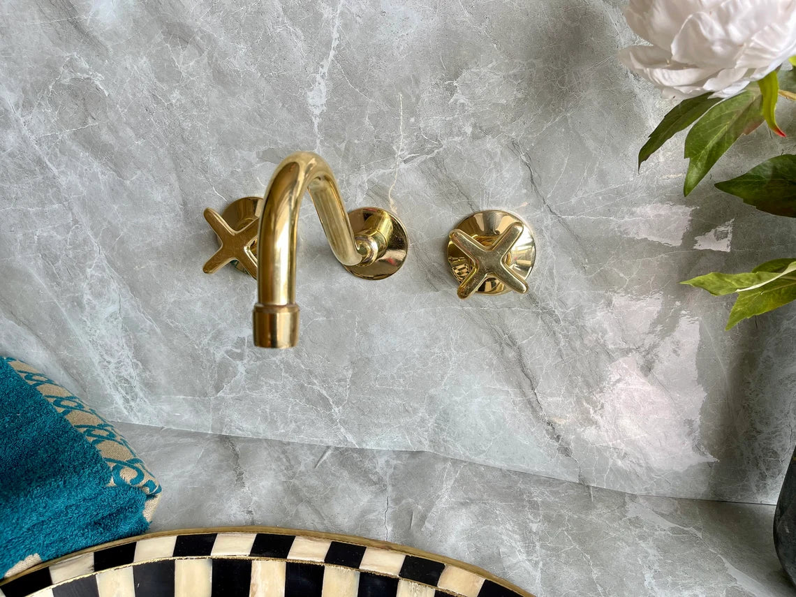 Handcrafted Unlacquered Brass Wall Mounted Bathroom Faucet | Elegant Vanity Fixture | Moroccan Artisan-Made