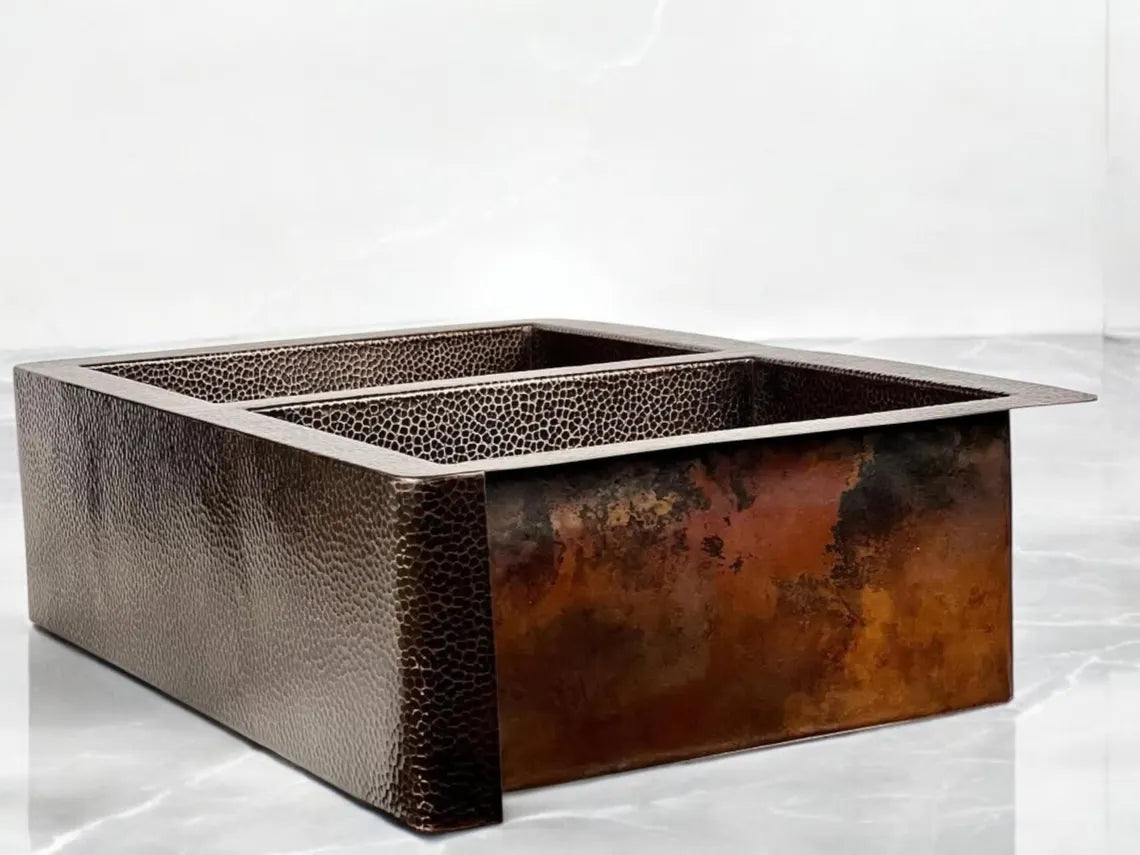 Farmhouse copper kitchen sink - antique hammered apron kitchen sink with dark finish - double sink copper farmhouse decor