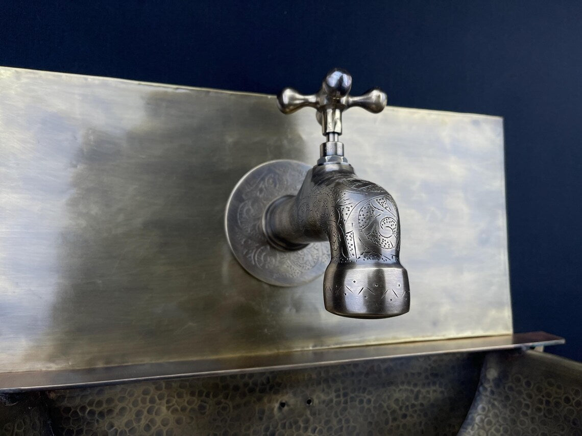 Handcrafted brass wall-mounted sink - artisan bathroom basin - blue patina brass basin with faucet for stylish interiors