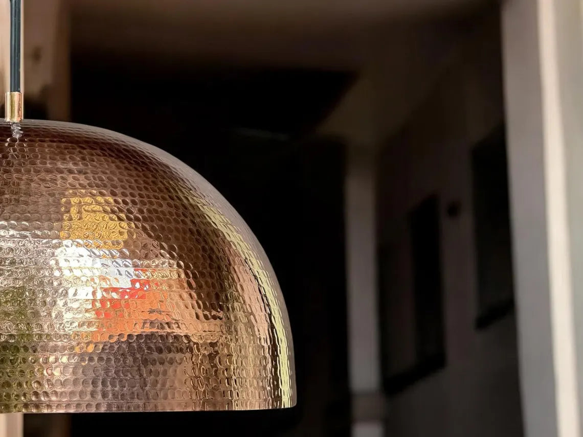 Solid copper dome pendant light - oxidized copper ceiling light fixture for kitchen and dining room - hand-hammered pendant light