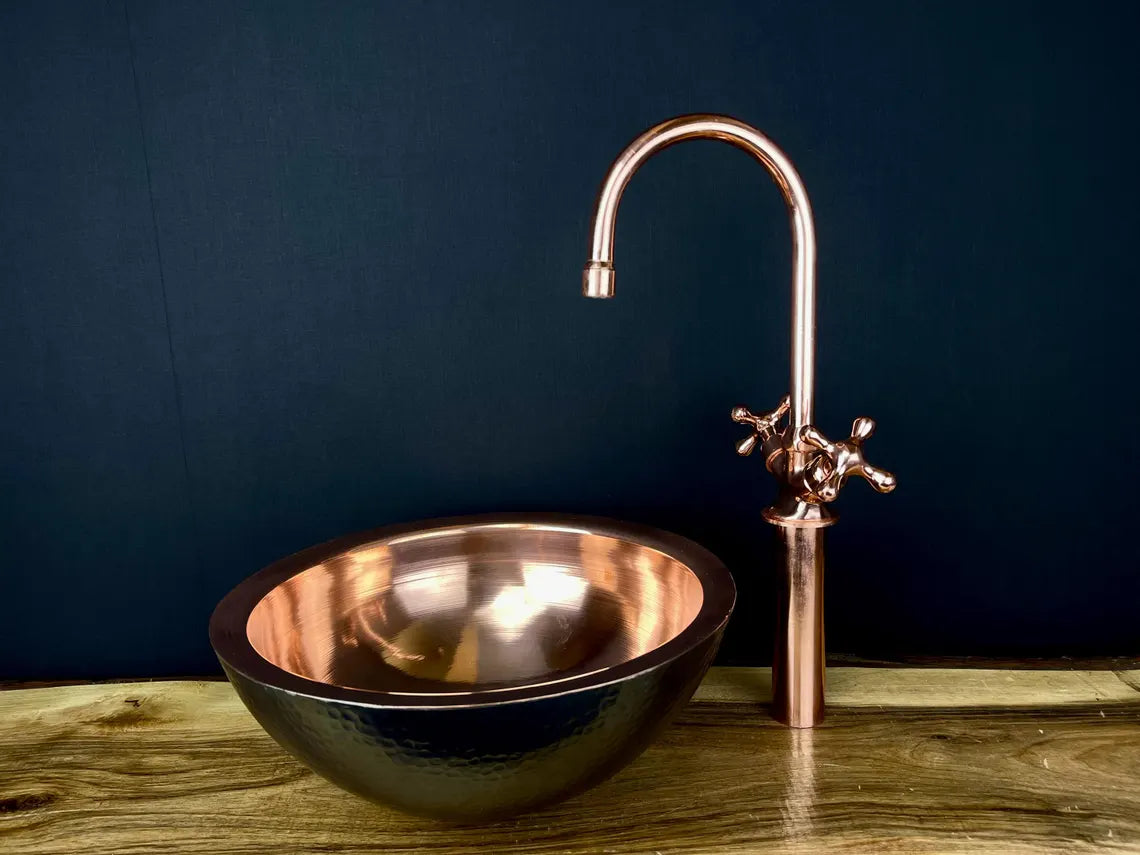 Black hammered copper vessel sink with copper faucet set - handmade black copper basin with matching copper two-handle faucet
