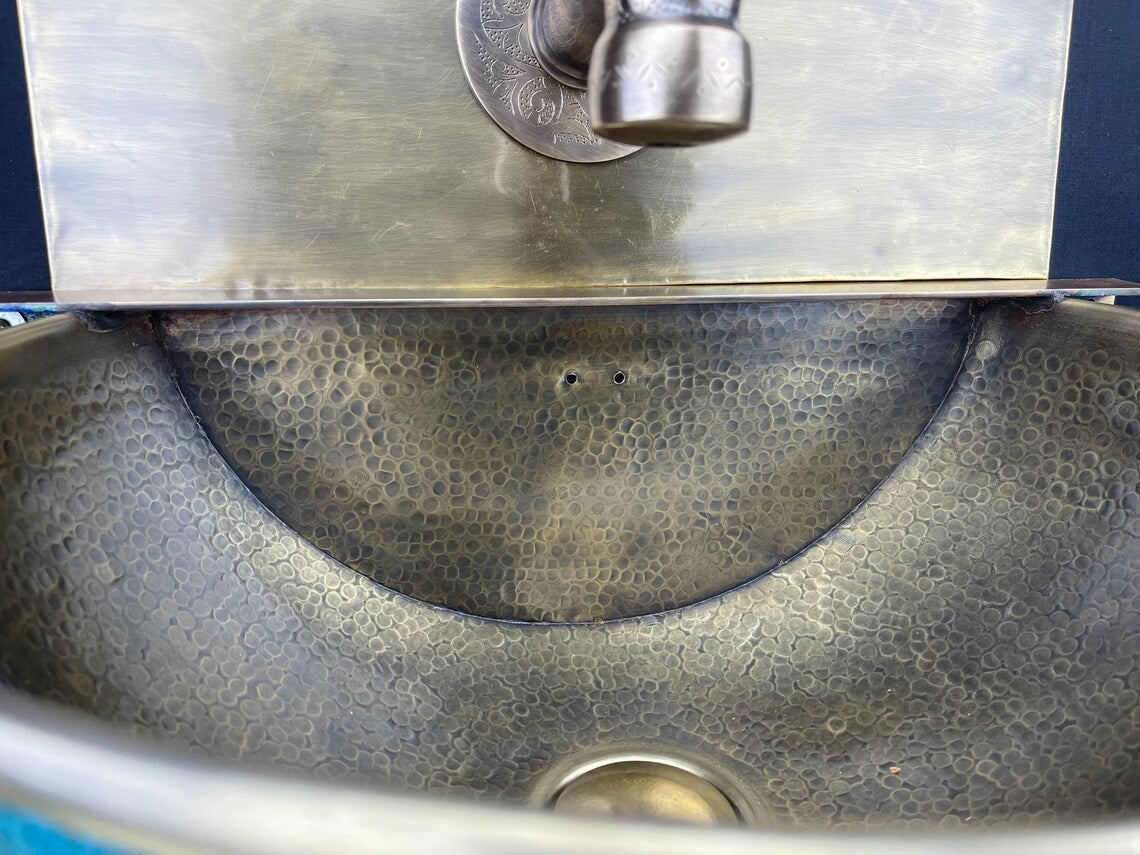Handcrafted brass wall-mounted sink - artisan bathroom basin - blue patina brass basin with faucet for stylish interiors