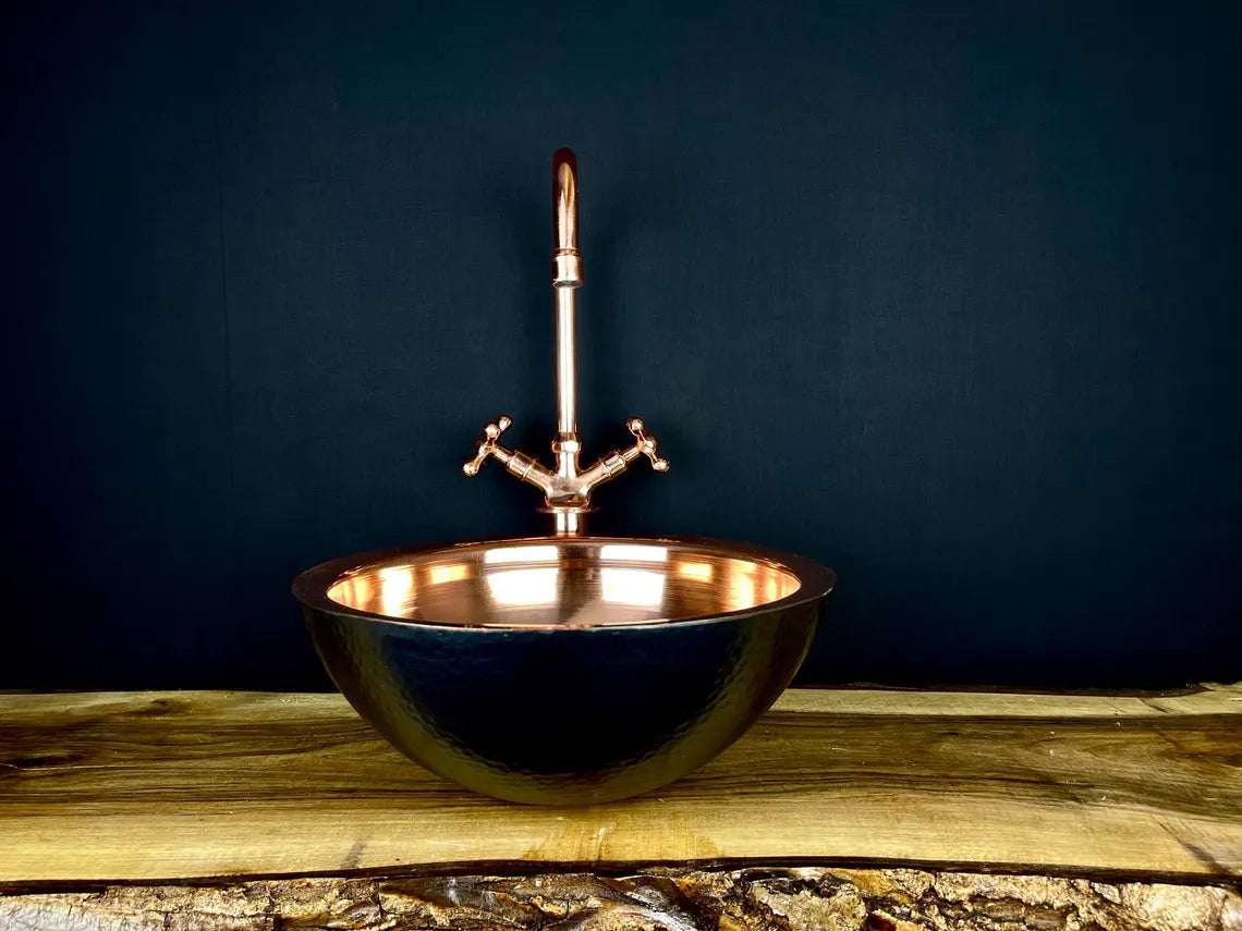 Black hammered copper vessel sink with copper faucet set - handmade black copper basin with matching copper two-handle faucet