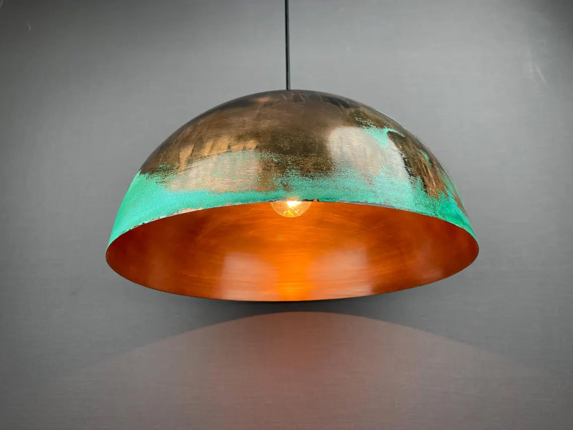 Green patina copper dome pendant light - oxidized turquoise patina with copper interior - modern kitchen island light - vintage hanging lamp
