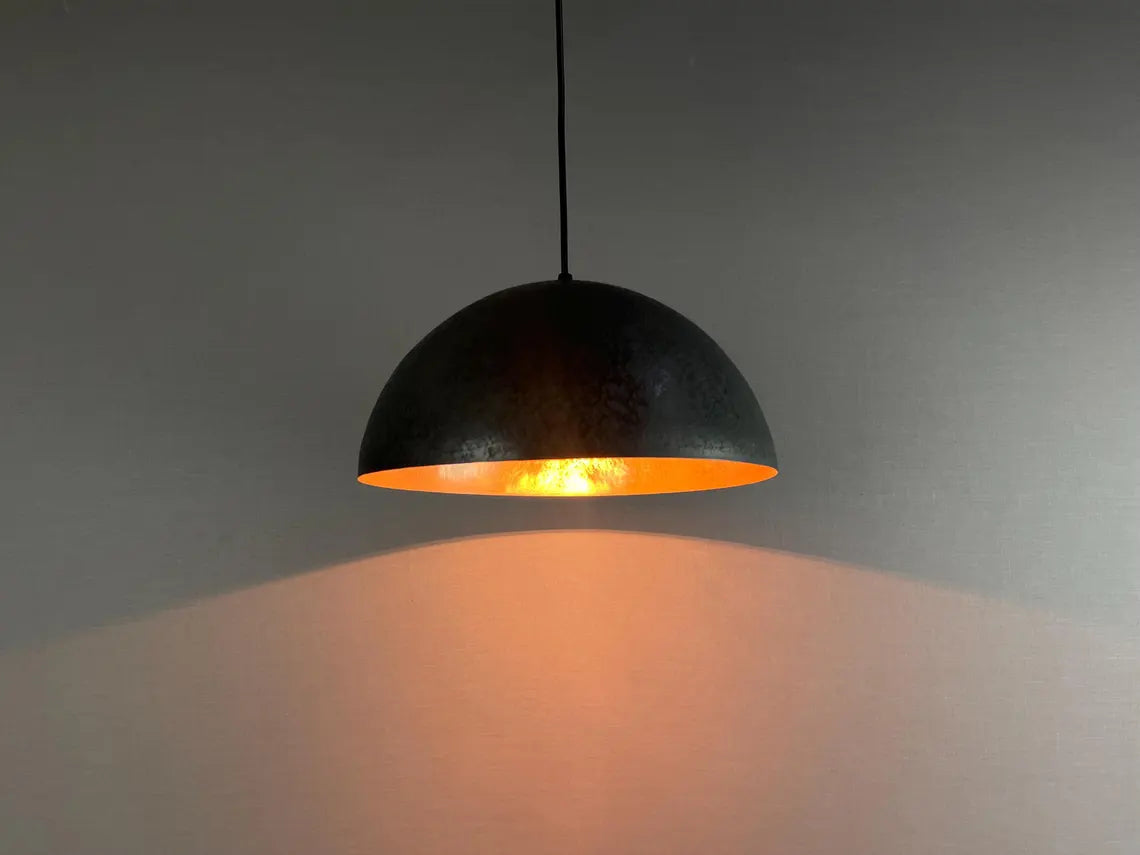 Handmade black patina dome pendant light - pure copper hanging lamp for modern and vintage interiors - custom dome lighting fixture