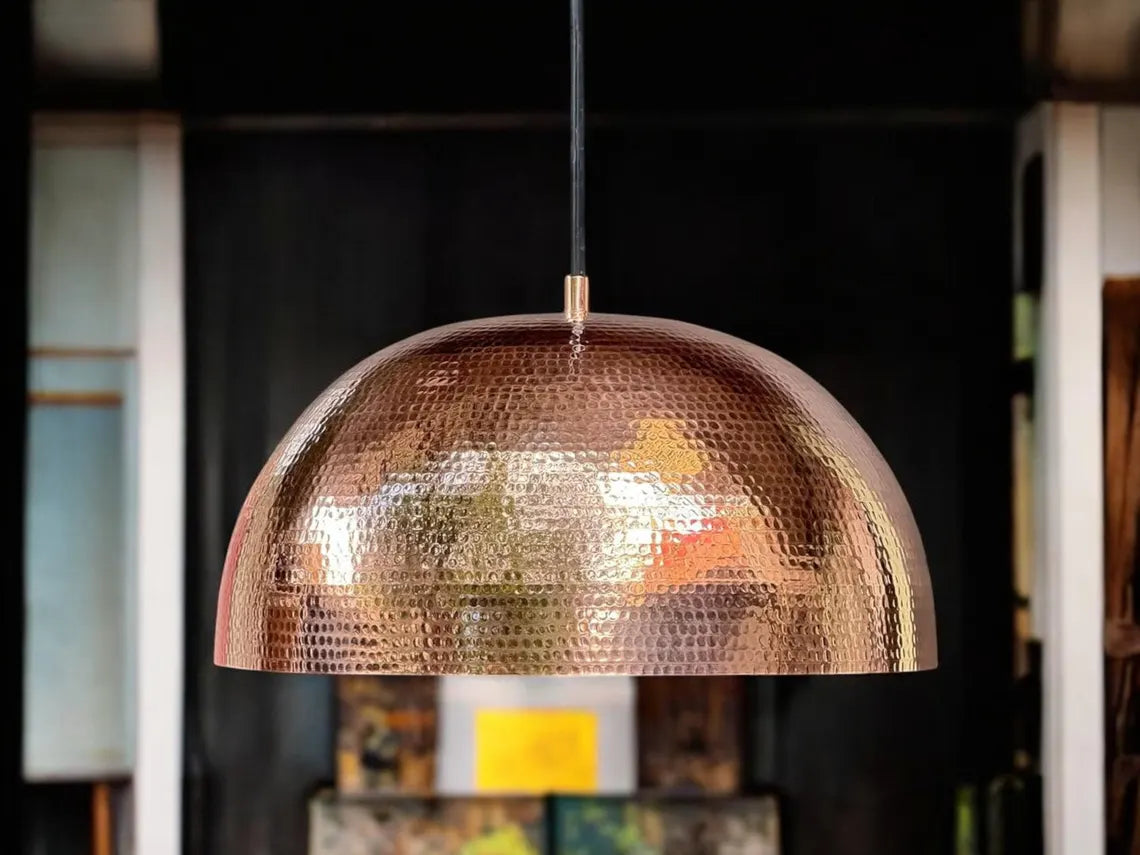 Solid copper dome pendant light - oxidized copper ceiling light fixture for kitchen and dining room - hand-hammered pendant light