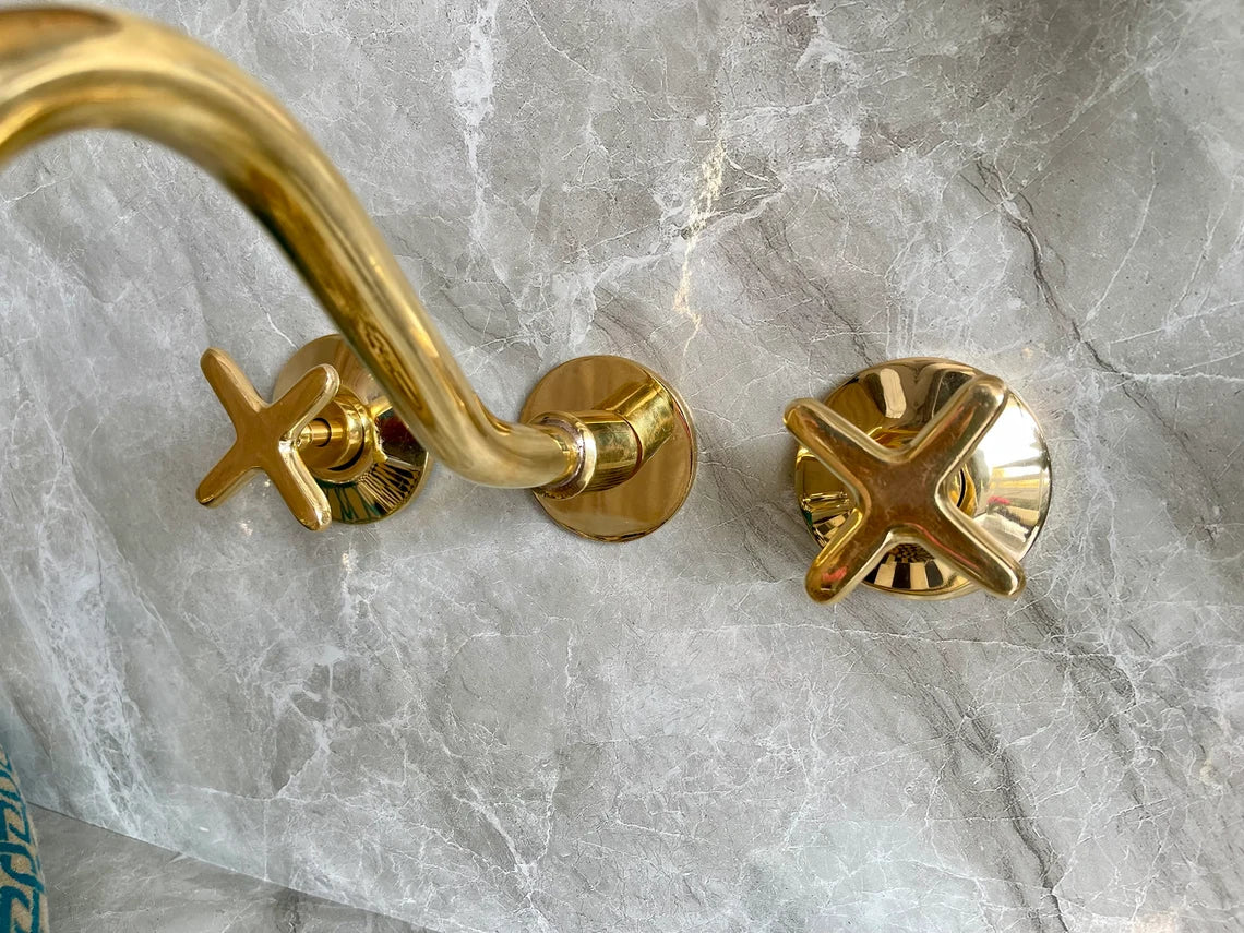 Handcrafted Unlacquered Brass Wall Mounted Bathroom Faucet | Elegant Vanity Fixture | Moroccan Artisan-Made