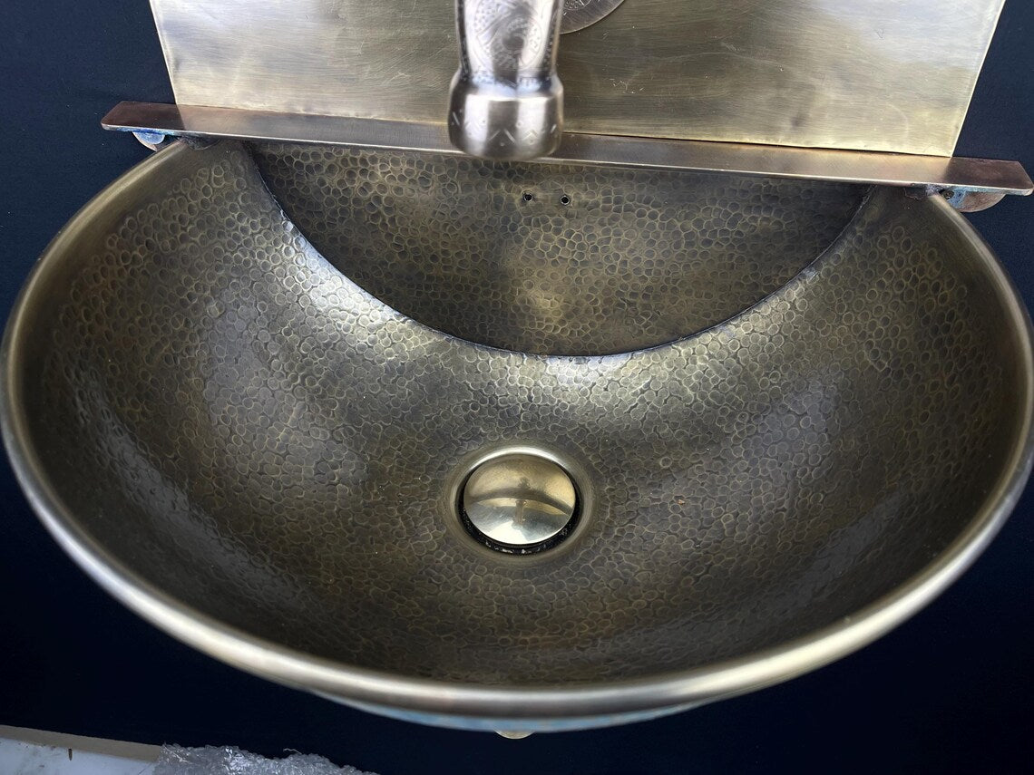 Handcrafted brass wall-mounted sink - artisan bathroom basin - blue patina brass basin with faucet for stylish interiors