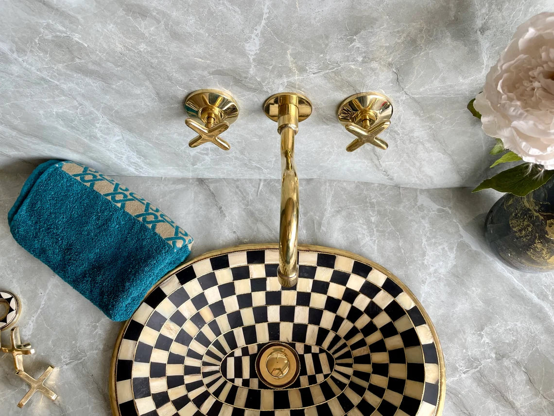 Handcrafted Unlacquered Brass Wall Mounted Bathroom Faucet | Elegant Vanity Fixture | Moroccan Artisan-Made