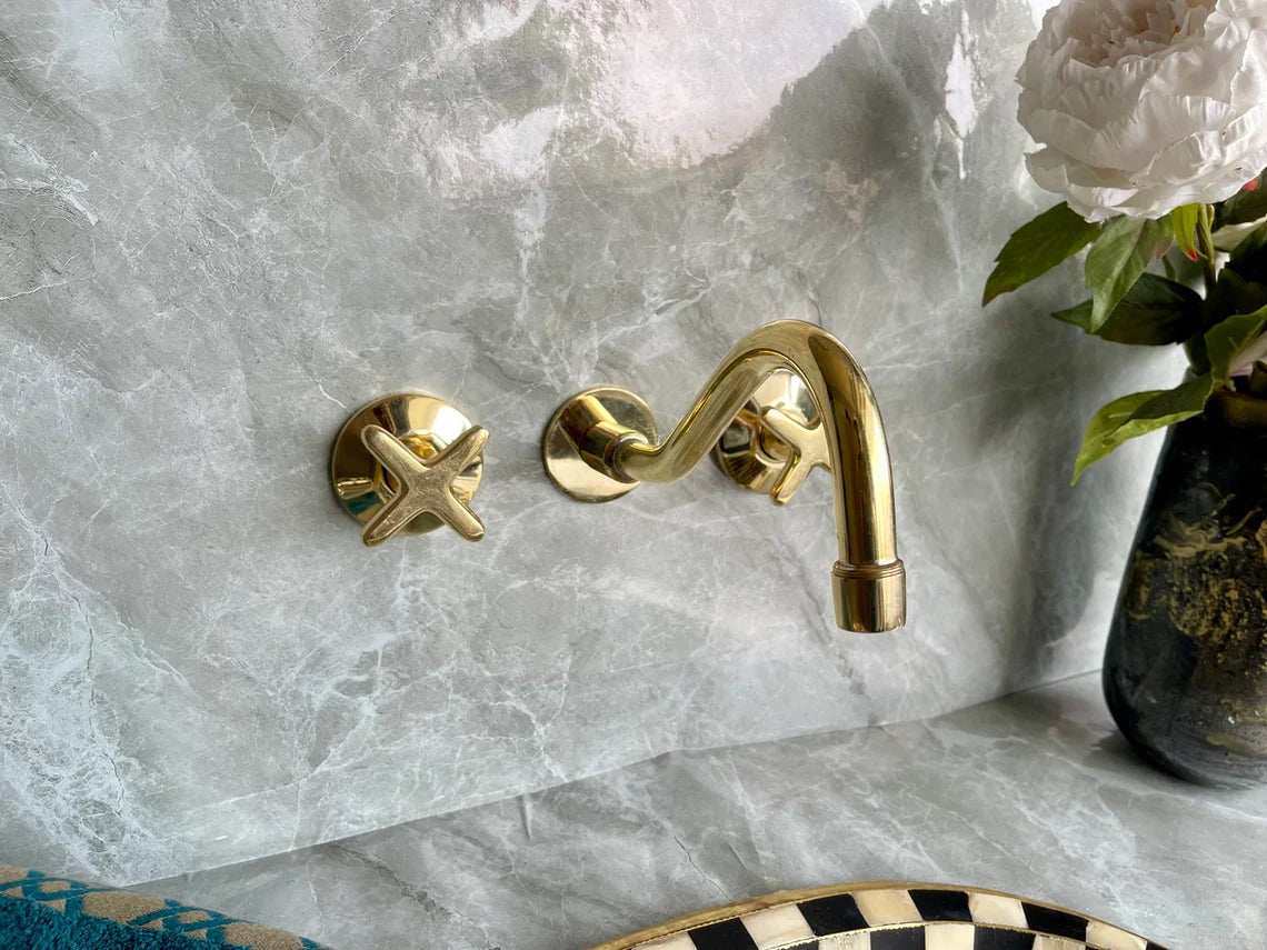 Handcrafted Unlacquered Brass Wall Mounted Bathroom Faucet | Elegant Vanity Fixture | Moroccan Artisan-Made