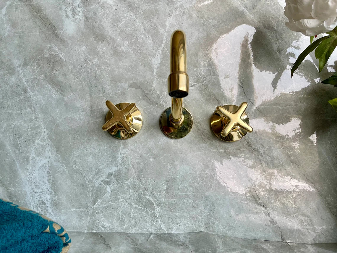 Handcrafted Unlacquered Brass Wall Mounted Bathroom Faucet | Elegant Vanity Fixture | Moroccan Artisan-Made
