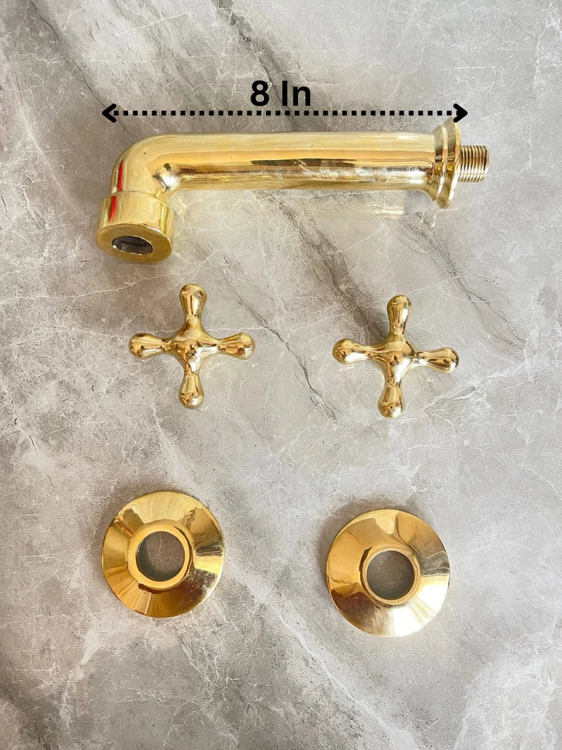 Handcrafted Brass Wall Mount Bathroom Faucet | Cross Handle Design | Unlacquered Finish | 8" Standard