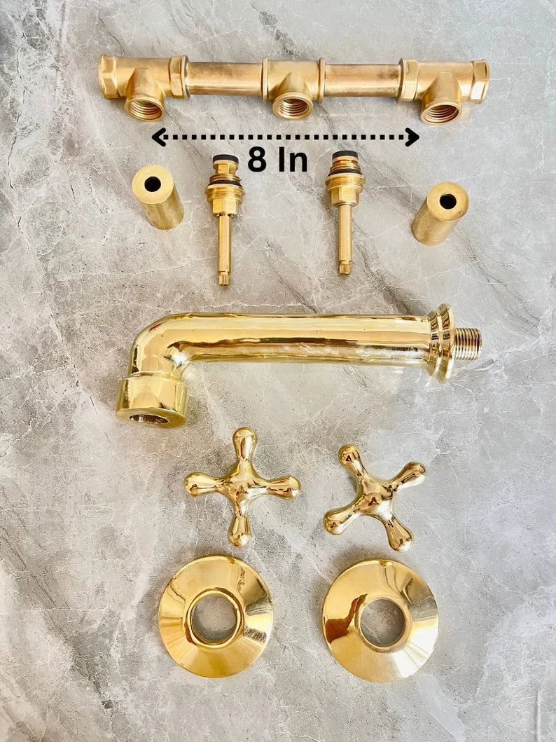 Handcrafted Brass Wall Mount Bathroom Faucet | Cross Handle Design | Unlacquered Finish | 8" Standard