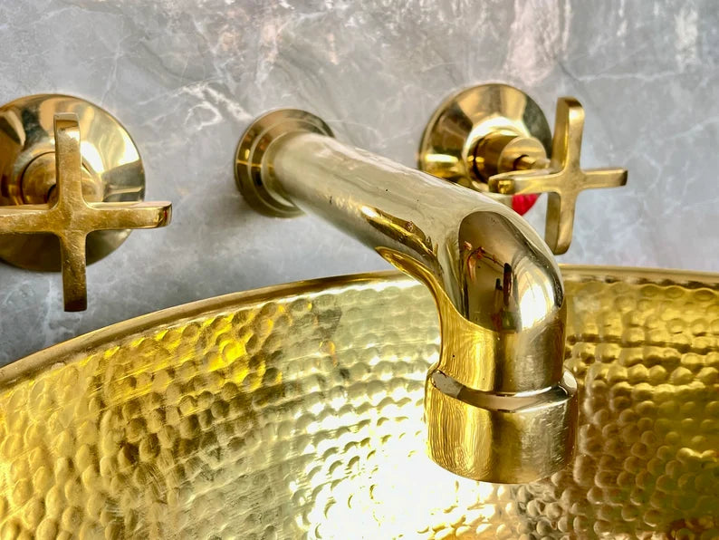 Handcrafted Brass Wall Mount Bathroom Faucet | Cross Handle Design | Unlacquered Finish | 8" Standard
