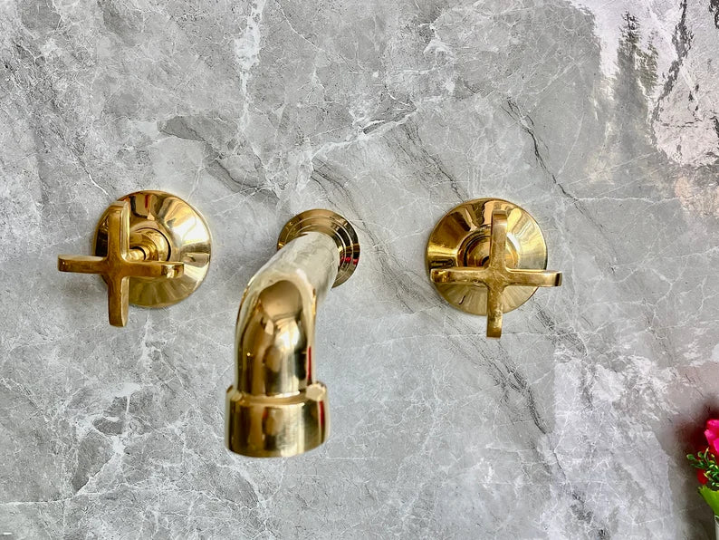 Handcrafted Brass Wall Mount Bathroom Faucet | Cross Handle Design | Unlacquered Finish | 8" Standard