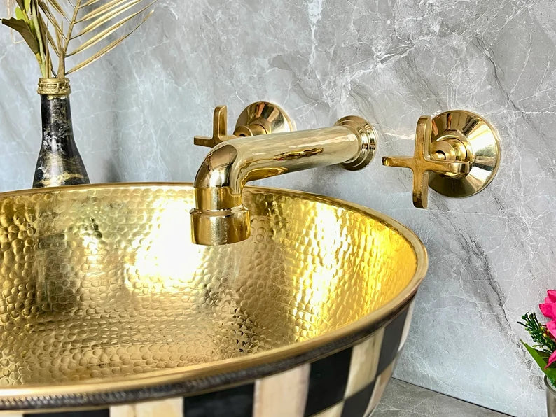 Handcrafted Brass Wall Mount Bathroom Faucet | Cross Handle Design | Unlacquered Finish | 8" Standard
