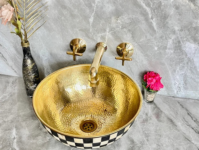 Handcrafted Brass Wall Mount Bathroom Faucet | Cross Handle Design | Unlacquered Finish | 8" Standard