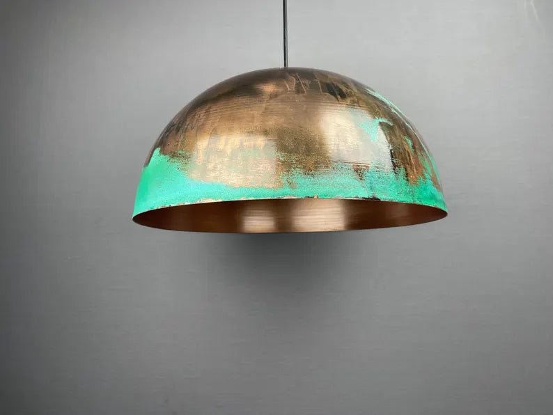 Green patina copper dome pendant light - oxidized turquoise patina with copper interior - modern kitchen island light - vintage hanging lamp