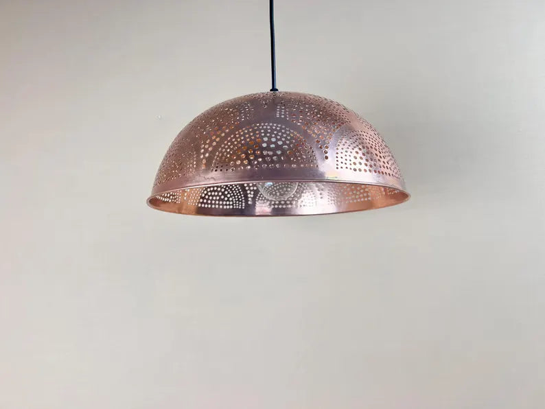 Handcrafted Perforated Copper Pendant Light - Dome lamps for kitchen island and dining room