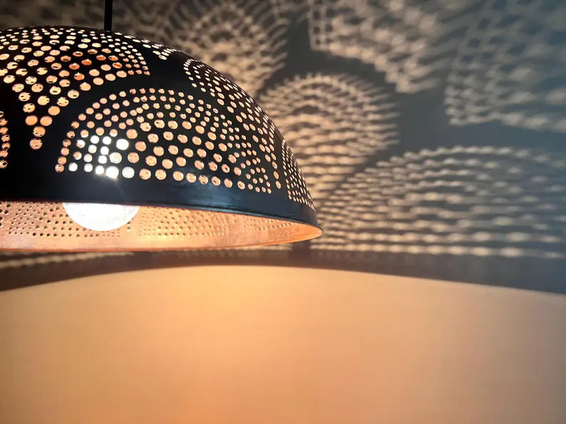 Handcrafted Perforated Copper Pendant Light - Dome lamps for kitchen island and dining room