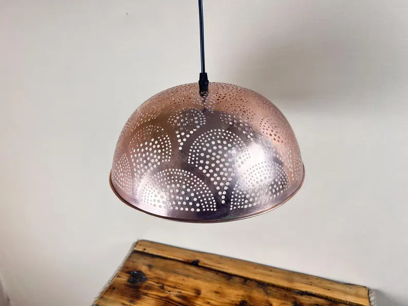Handcrafted Perforated Copper Pendant Light - Dome lamps for kitchen island and dining room