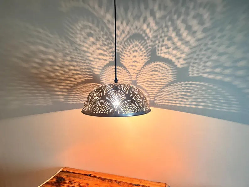 Handcrafted Perforated Copper Pendant Light - Dome lamps for kitchen island and dining room