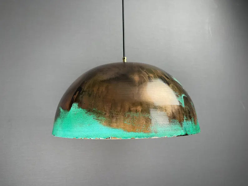 Green patina copper dome pendant light - oxidized turquoise patina with copper interior - modern kitchen island light - vintage hanging lamp