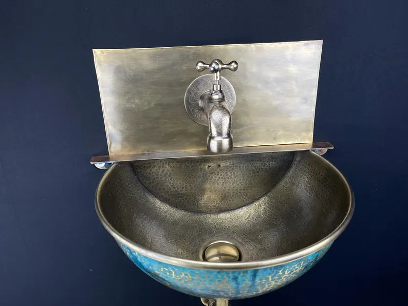 Handcrafted brass wall-mounted sink - artisan bathroom basin - blue patina brass basin with faucet for stylish interiors