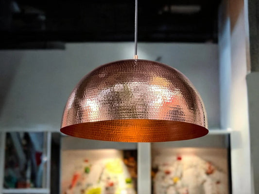 Solid copper dome pendant light - oxidized copper ceiling light fixture for kitchen and dining room - hand-hammered pendant light