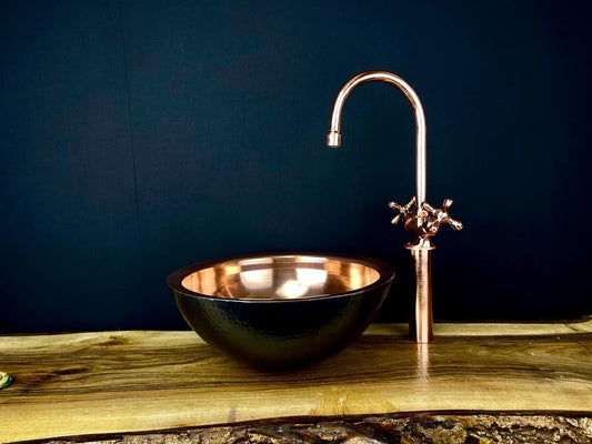 Black hammered copper vessel sink with copper faucet set - handmade black copper basin with matching copper two-handle faucet
