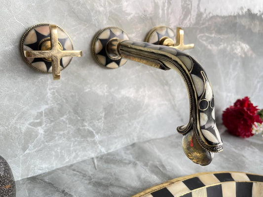 Handcrafted Unlacquered Bone and Resin Brass Wall-Mounted Bathroom Faucet