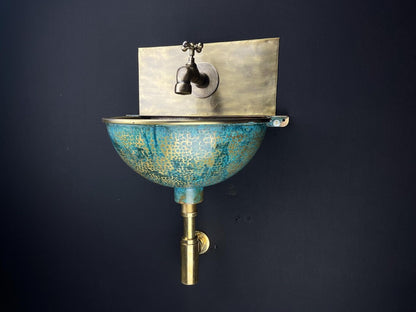 Handcrafted brass wall-mounted sink - artisan bathroom basin - blue patina brass basin with faucet for stylish interiors