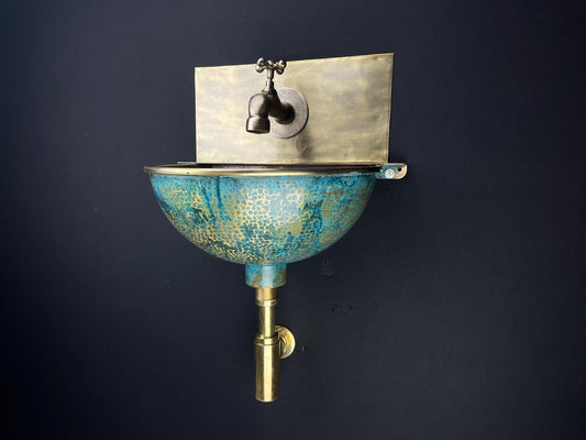 Handcrafted brass wall-mounted sink - artisan bathroom basin - blue patina brass basin with faucet for stylish interiors