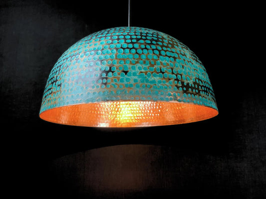 Turquoise patina copper pendant light - handmade kitchen island lighting - oxidized dome lamp - blue patina lamp - rustic dome lamp