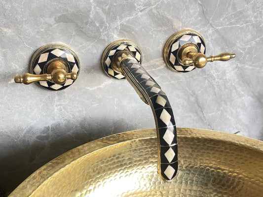 Handcrafted Wall Mounted Resin & Brass Faucet, Bathroom Gooseneck Wall Faucet With Traditional Handles