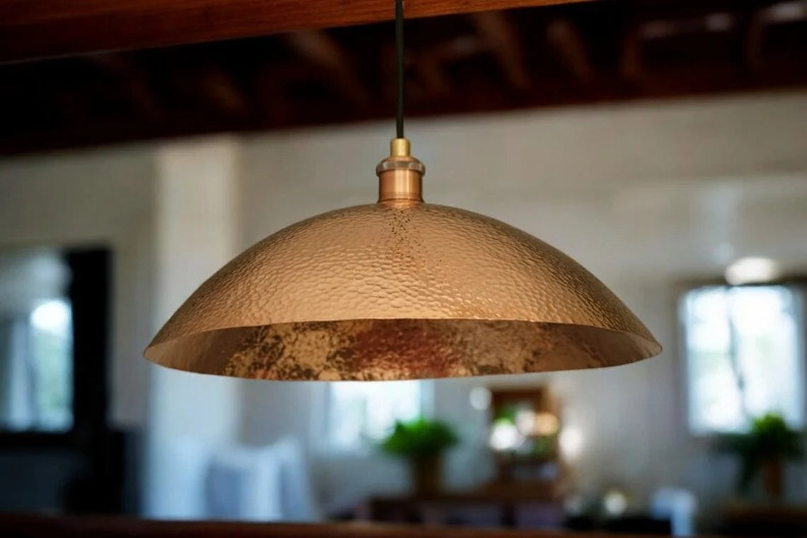 Hammered solid copper dome pendant light - oxidized copper ceiling light fixture for kitchen and dining room