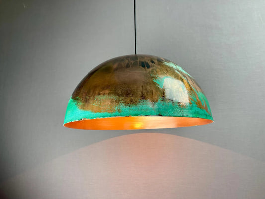 Green patina copper dome pendant light - oxidized turquoise patina with copper interior - modern kitchen island light - vintage hanging lamp