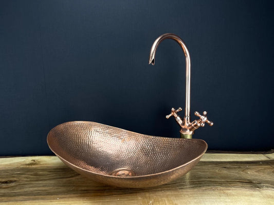 Artisan hand-hammered copper oval vessel sink - unlacquered bathroom basin with natural patina - copper vessel sink with copper faucet set